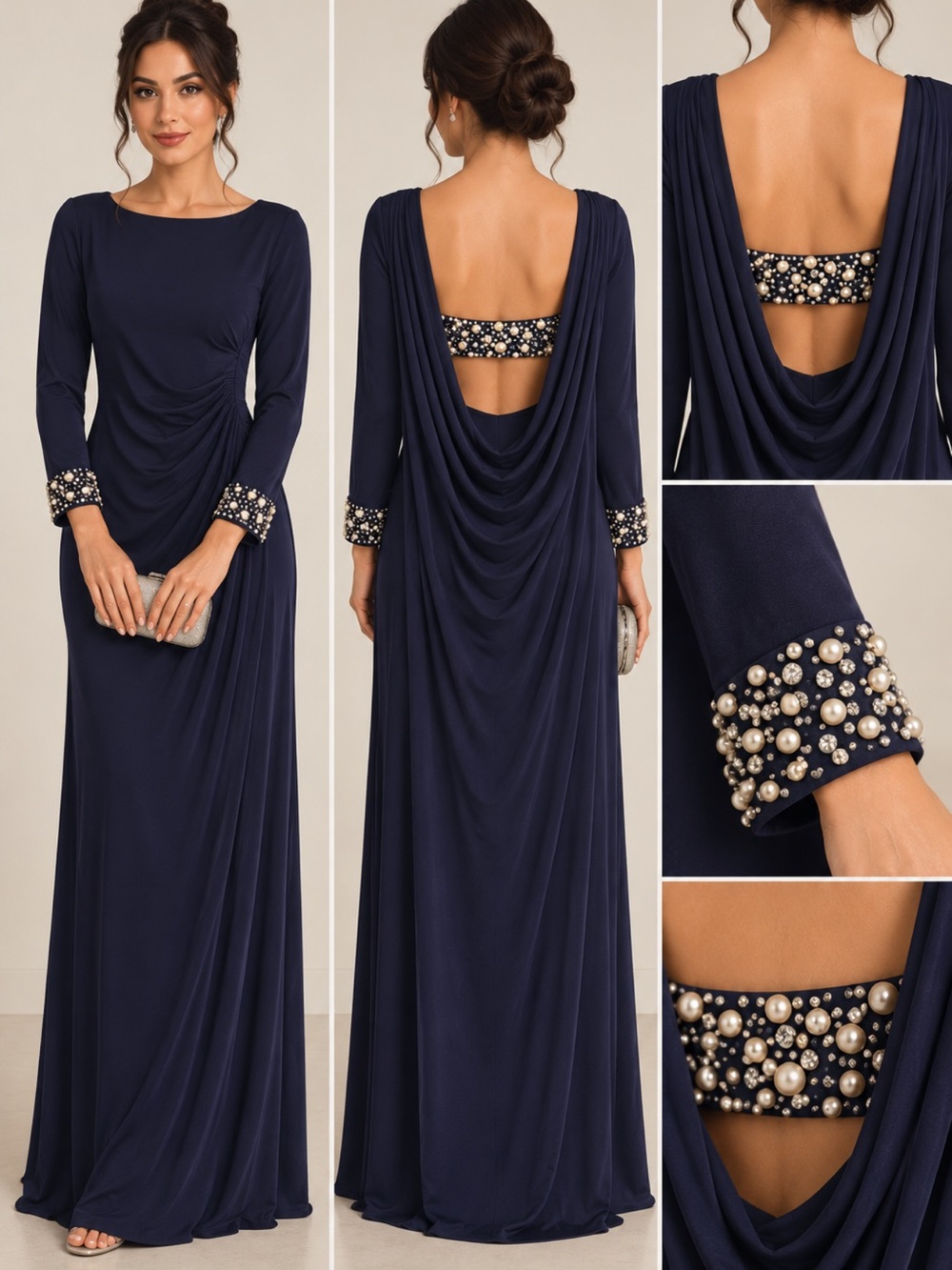 MARINA Elegant Navy Long Sleeve Ruched Maxi Dress with Beaded Cuffs open back 14